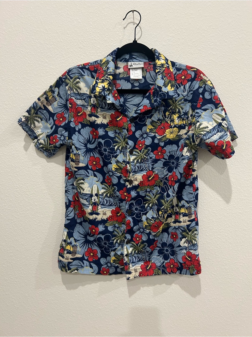 Disney Navy Hawaiian Floral Button-Down Shirt with Red & Yellow Accents